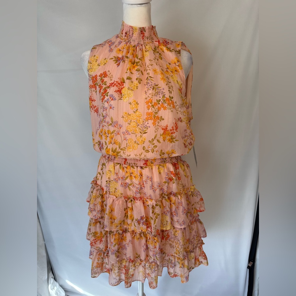 Sam & Jess Floral Sleeveless Ruffle Dress, Lined, Covered Button Fasten Back